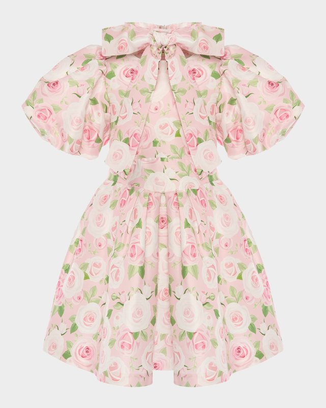 Girl's Floral Puff-Sleeve Dress with Bow, Size 3T-12